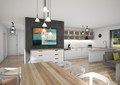 Vizualizace obývacího pokoje s kuchyňským a jídelním koutem 1